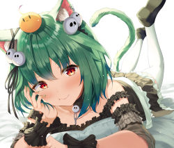 Rule 34 | 1girl, :t, absurdres, animal ears, bed sheet, bird, blush, breasts, cat ears, cat tail, chick, collarbone, colored tips, commentary request, dress, fang, frilled dress, frills, gothic lolita, green hair, hair ornament, hair ribbon, highres, hololive, kimae, legs up, loafers, lolita fashion, looking at viewer, lying, medium hair, multicolored hair, on stomach, red eyes, ribbon, shoes, sidelocks, simple background, skull collar, skull hair ornament, small breasts, smile, solo, tail, the pose, thighhighs, uruha rushia, uruha rushia (3rd costume), virtual youtuber, white background, white thighhighs