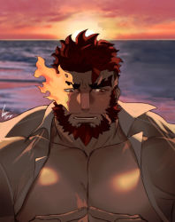 Rule 34 | 1boy, abs, bara, beard, blush, close-up, facial hair, flaming eye, gomtang, hephaestus (housamo), index fingers together, large pectorals, looking at viewer, male focus, manly, muscular, pectorals, pov, red eyes, scar, solo, thick eyebrows, tokyo houkago summoners, upper body