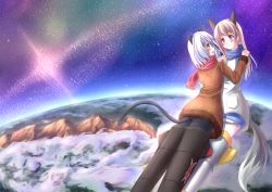 Rule 34 | 2girls, animal ears, ass, bad id, bad pixiv id, black pantyhose, blonde hair, blue eyes, blush, cat ears, cat tail, cloud, coat, earth (planet), eila ilmatar juutilainen, eye contact, fox ears, fox tail, green eyes, hug, kino (kino buro), long hair, looking at another, multiple girls, official alternate costume, pantyhose, planet, sanya v. litvyak, scarf, short hair, silver hair, smile, space, star (symbol), strike witches, striker unit, tail, white legwear, world witches series