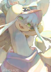 Rule 34 | 1other, :d, animal ears, arms up, artist name, day, fangs, furry, gekichuu youkai, green eyes, hands on headwear, head tilt, helmet, highres, long hair, looking at viewer, made in abyss, nanachi (made in abyss), open mouth, pants, pelt, sidelocks, simple background, smile, solo, topless, whiskers, white background, white hair