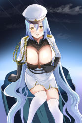 Rule 34 | 1girl, arkhangelsk (azur lane), azur lane, bad id, bad pixiv id, black gloves, blue hair, blue sky, blush, boots, breasts, cleavage, coat, coat dress, elbow gloves, feet out of frame, gloves, highres, knee boots, large breasts, light blue hair, long hair, looking at viewer, open mouth, simple background, sitting, sky, solo, very long hair, white coat, white footwear, white headwear, yellow eyes, yoru (77957792)