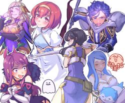 Rule 34 | 1boy, 6+girls, animal, annette fantine dominic, blue eyes, blue hair, breasts, chibi, chibi inset, cleavage, elbow gloves, finn (fire emblem), fire emblem, fire emblem: genealogy of the holy war, fire emblem: thracia 776, fire emblem engage, ghost, gloves, hairband, highres, holding, holding sword, holding weapon, ivy (fire emblem), larcei (fire emblem), large breasts, long hair, looking at viewer, lumera (fire emblem), maria (fire emblem), matching hair/eyes, medium breasts, multiple girls, nintendo, official alternate costume, one eye closed, ophelia (fire emblem), purple eyes, purple hair, red eyes, red hair, shaded face, sher (imnotsher), sommie (fire emblem), sword, weapon, white gloves, wink
