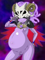 Rule 34 | 0k0j0, 1girl, archfiend heiress, armband, ass, belly piercing, blush, breasts, demon, demon girl, duel monster, female focus, grin, highres, horns, jewelry, mask, navel, navel piercing, necklace, nipples, nude, piercing, pregnant, pussy, small breasts, smile, solo, tattoo, teeth, trick archfiend, v, yu-gi-oh!