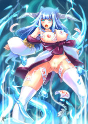Rule 34 | 1girl, blue eyes, blue hair, blush, breasts, breasts out, cleft of venus, electricity, hm (hmongt), horns, long hair, matching hair/eyes, monster girl, nipples, original, pussy, solo, sweat, tail, talisman, thighhighs, uncensored
