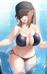 Rule 34 | 1girl, bare arms, baseball cap, bikini, black bikini, black hat, blue eyes, blush, breasts, brown hair, cameltoe, cleavage, cleavage cutout, clothing cutout, collarbone, cowboy shot, dier (girls&#039; frontline), dima (girls&#039; frontline), genderswap, genderswap (mtf), girls&#039; frontline, groin, halterneck, hat, head tilt, highres, large breasts, long hair, navel, nine (kanine41), open mouth, outdoors, partially submerged, ponytail, pool, revision, side-tie bikini bottom, sidelocks, smile, solo, standing, stomach, string bikini, swimsuit, thighs, wading, water, wet