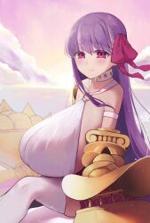 Rule 34 | 1girl, bare shoulders, belt collar, blush, bow, breasts, claw (weapon), claws, collar, fate/extra, fate/extra ccc, fate/grand order, fate (series), gigantic breasts, hair ribbon, highres, huge breasts, long hair, looking at viewer, o-ring, o-ring top, passionlip (fate), passionlip (third ascension) (fate), pink eyes, pink ribbon, purple hair, ribbon, sideboob, smile, solo, thighhighs, to moyomoyo, very long hair, weapon