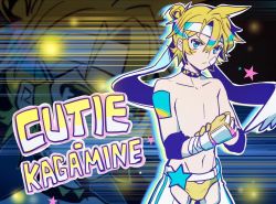 Rule 34 | 1boy, bandage on face, bandaged arm, bandages, belt, blonde hair, blue eyes, character name, chi ya, chinese commentary, clenched hand, collar, collarbone, commentary, cowboy shot, emphasis lines, gloves, headband, jockstrap, kagamine len, looking at viewer, male focus, male underwear, midriff, navel, own hands together, ring no seraph (vocaloid), solo, spiked hair, standing, star (symbol), topless male, underwear, v-shaped eyebrows, vocaloid, wrestling outfit, zoom layer