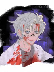 Rule 34 | 1boy, blood, blood in hair, blood on clothes, blood on face, chinese commentary, collarbone, commentary request, dugout (4448yjh), fang, film grain, glasses, grey shirt, kanou aogu, lab coat, male focus, open clothes, open mouth, portrait, saibou shinkyoku, semi-rimless eyewear, shirt, short hair, smile, solo, white hair