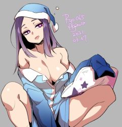 Rule 34 | 1girl, 2021, agawa ryou, bare shoulders, breasts, cleavage, commentary request, dated, grey background, large breasts, long hair, looking at viewer, original, purple eyes, purple hair, signature, simple background, sleeping bag, sleepy, solo, spread legs, thighs