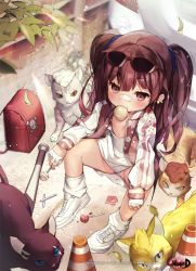 Rule 34 | 1girl, :t, animal, backpack, bad id, bad pixiv id, bag, bandaged fingers, bandages, bandaid, bandaid on face, bandaid on nose, blush, brown eyes, brown hair, cat, chewing gum, child, closed mouth, eyewear on head, floral print, gio (maroon0924), half-closed eyes, jacket, leaf, legs apart, letterman jacket, long hair, official art, open clothes, open jacket, randoseru, shoes, sneakers, solo, sparkle, sunglasses, thighs, traffic cone, twintails, unleashed, watermark