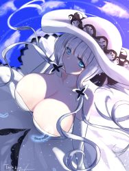 Rule 34 | 1girl, anchor symbol, artist name, azur lane, bare shoulders, blue eyes, breasts, cleavage, dress, elbow gloves, from above, gloves, hair ribbon, hat, highres, illustrious (azur lane), lace-trimmed headwear, lace trim, large breasts, long hair, looking at viewer, looking up, ribbon, sleeveless, sleeveless dress, solo, strapless, strapless dress, sun hat, tarakon, tress ribbon, very long hair, white dress, white gloves, white hair, white hat