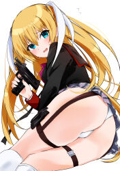 Rule 34 | 1girl, absurdres, aqua eyes, arm support, ass, black jacket, blonde hair, blush, commentary, embarrassed, eyelashes, eyes visible through hair, feet out of frame, flying sweatdrops, from behind, garter belt, garter straps, grey skirt, gun, hair between eyes, hair ribbon, hair spread out, hand up, handgun, highres, holster, jacket, little busters!, long hair, long sleeves, looking at viewer, lying, miniskirt, on side, open mouth, panties, pantyshot, plaid, plaid skirt, pleated skirt, ribbon, school uniform, skirt, socks, solo, thigh holster, thighs, tokido saya, two side up, underwear, very long hair, wavy mouth, weapon, white panties, white ribbon, white socks, zenoo