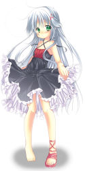 Rule 34 | 1girl, ame no marginal, ankle lace-up, barefoot, blush, criss-cross halter, cross-laced footwear, dress, feet, green eyes, halterneck, highres, hikanyan, long hair, official art, original, rin (ame no marginal), sandals, shoes, silver hair, simple background, single shoe, solo, toes, very long hair, white background
