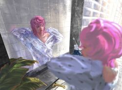 Rule 34 | 1girl, arms up, blurry, cosplay, costume switch, cup, depth of field, hair down, implied after sex, jojo no kimyou na bouken, mirror, morning, mug, naked shirt, plant, potted plant, shirt, solo, toothbrush, trish una, vento aureo, vesta zc