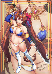 Rule 34 | 1girl, :d, alternate costume, animal ears, armor, bad id, bad pixiv id, bare shoulders, berserk, bikini, bikini armor, blue bikini, blue sleeves, blush, boots, bow, breasts, brown hair, cleavage, collarbone, commentary request, daiwa scarlet (umamusume), detached sleeves, dragonslayer (sword), fang, gem, hair between eyes, hair bow, horse ears, horse girl, horse tail, large breasts, long hair, looking at viewer, midriff, moke ro, navel, open mouth, purple eyes, red bow, smile, solo, swimsuit, tail, thigh boots, thighhighs, tiara, umamusume, very long hair, white footwear, zoom layer