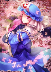 Rule 34 | 1girl, bow, bug, butterfly, cherry blossoms, dress, folding fan, frills, hand fan, hat, highres, insect, looking back, pink eyes, pink hair, ribbon-trimmed collar, ribbon-trimmed sleeves, ribbon trim, saigyouji yuyuko, sakura ran, solo, touhou, tree, triangular headpiece