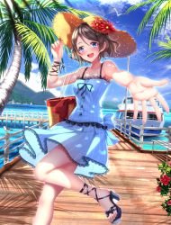 Rule 34 | 10s, 1girl, animal, arm up, armpits, bag, bare shoulders, bench, bird, black ribbon, blue dress, blue eyes, blue sky, boat, bow, breasts, brown hair, brown hat, building, buttons, collarbone, day, dress, flower, forest, handbag, harbor, hat, hat flower, hat ornament, highres, holding, holding clothes, holding hat, lace, lace-trimmed dress, lace trim, lake, looking at viewer, love live!, love live! school idol festival, love live! sunshine!!, medium breasts, nature, no legwear, outstretched arm, palm tree, palms, pier, plant, pov, red bow, red flower, ribbon, round teeth, sandals, shore, short hair, sky, solo, straw hat, striped clothes, striped dress, sundress, swordsouls, teeth, toes, tree, vertical-striped clothes, vertical-striped dress, watanabe you, water, watercraft, wristband