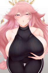 Rule 34 | 1girl, absurdres, animal ears, breasts, earrings, genshin impact, hair ornament, hand on own chest, heart, heart-shaped pupils, highres, huge breasts, jewelry, large breasts, long hair, looking at viewer, pink hair, purple eyes, solo, symbol-shaped pupils, tong dang e, white background, yae miko