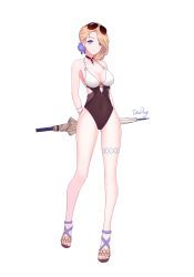 Rule 34 | 1girl, absurdres, arms behind back, artist name, azur lane, bare arms, bare legs, bare shoulders, black neckwear, blonde hair, blue eyes, blue flower, breasts, casual one-piece swimsuit, choker, cleavage, closed mouth, closed umbrella, collarbone, commentary request, covered navel, eyewear on head, flower, full body, gluteal fold, hair flower, hair ornament, highres, holding, holding umbrella, hood (azur lane), hood (bilan hangxian), hood (lady of the shining sun) (azur lane), legs apart, looking at viewer, medium breasts, one-piece swimsuit, shoes, short hair, simple background, smile, solo, standing, sunglasses, swept bangs, swimsuit, thigh strap, thighs, toeless footwear, toenails, toes, trudog, umbrella, white background