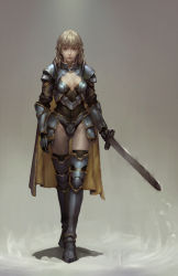 Rule 34 | 1girl, armor, blonde hair, blue eyes, breastplate, breasts, chest plate, cleavage cutout, cloak, clothing cutout, forever star, full body, gauntlets, greaves, grey background, highres, holding, knight, left-handed, light, long sword, looking at viewer, no pants, original, parted lips, revealing clothes, serious, shoulder armor, solo, pauldrons, standing, sword, thighhighs, walking, weapon
