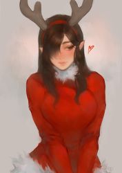 Rule 34 | 1girl, antlers, blush, brown eyes, brown hair, dungeons &amp; dragons, fur trim, grey background, hair over one eye, hairband, heart, horns, light smile, lips, long hair, nat the lich, original, pointy ears, red hairband, reindeer antlers, solo, sweater