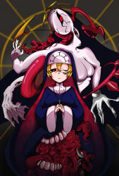 Rule 34 | 1girl, blonde hair, cross, cross necklace, double (skullgirls), extra arms, extra eyes, habit, highres, jewelry, kurose59475, monster, necklace, nun, own hands together, red eyes, skullgirls, solo