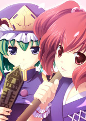 Rule 34 | 2girls, blue eyes, clivile, female focus, green hair, hat, multiple girls, onozuka komachi, red eyes, red hair, rod of remorse, shiki eiki, short hair, touhou, twintails, two side up, upper body