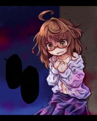 Rule 34 | 1girl, ahoge, blank speech bubble, blush, bra, brown eyes, brown hair, collarbone, crying, crying with eyes open, glasses, messy hair, navel, off shoulder, open clothes, open mouth, open shirt, pote (ptkan), red-framed eyewear, shirt, skirt, solo, speech bubble, tears, touhou, trembling, underwear, usami sumireko, wavy mouth