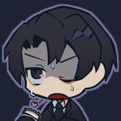 Rule 34 | 1boy, profile picture, black coat, black eyes, black hair, black necktie, blood, blood from mouth, coat, coco (556ch0cl8), collared shirt, food, highres, holding, holding food, library of ruina, male focus, necktie, one eye closed, open mouth, popcorn, portrait, project moon, roland (project moon), sandwich, shaded face, shirt, solo, sweat, white shirt