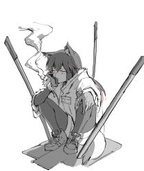 Rule 34 | 1girl, animal ear piercing, animal ears, arknights, cigarette, closed mouth, commentary request, expressionless, full body, fur-trimmed jacket, fur-trimmed sleeves, fur trim, greyscale, hair between eyes, hand on own cheek, hand on own face, hand on own knee, haruichi (sazanami complex), hatching (texture), highres, jacket, knees up, linear hatching, long hair, looking to the side, monochrome, pantyhose, pink eyes, planted, planted sword, planted weapon, shoes, sitting, sketch, smoke, sneakers, solo, spot color, sword, texas (arknights), thinking, unfinished, weapon, wolf ears, wolf girl