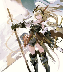 Rule 34 | 10s, 1girl, armor, armored boots, armored dress, blonde hair, boots, gauntlets, granblue fantasy, headdress, holding, holding weapon, jeanne d&#039;arc (granblue fantasy), long hair, ribbon, sketch, so-bin, solo, sword, thighhighs, weapon, winged arms, wings, zettai ryouiki