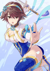 Rule 34 | 1girl, arm up, blue thighhighs, breasts, brown eyes, brown hair, chai xianghua, china dress, chinese clothes, cleavage, commission, detached sleeves, dress, fighting stance, flower, hair between eyes, hairband, highres, holding, holding sword, holding weapon, jian (weapon), long hair, looking at viewer, lotus, medium breasts, namco, open mouth, outstretched arm, pixiv commission, ribbon, shoes, simple background, smile, solo, soul calibur, soulcalibur, soulcalibur vi, sword, thighhighs, weapon, white background, yagi2013, zettai ryouiki