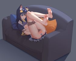 Rule 34 | 1girl, anal, anal object insertion, animal ears, anus, ass, barefoot, blush, breasts, cat ears, commission, feet, feet up, female focus, female masturbation, fingerless gloves, gloves, heterochromia, highres, knees up, lying, masturbation, medium breasts, no bra, no panties, object insertion, on back, open mouth, popopoka, purple hair, pussy, solo, spread anus, tattoo, uncensored