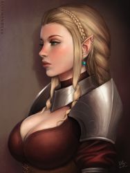 Rule 34 | 1girl, 2018, armor, artist name, blonde hair, braid, braided ponytail, breasts, brown shirt, closed mouth, commentary, corset, crown braid, drill hair, drill sidelocks, ear piercing, earrings, elf, english commentary, expressionless, eyelashes, from side, green eyes, half-closed eyes, highres, jewelry, large breasts, lips, long hair, looking away, nose, original, pauldrons, piercing, pointy ears, realistic, sciamano240, shadow, shirt, shoulder armor, sidelocks, signature, solo, turtleneck, upper body