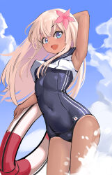 Rule 34 | 1girl, absurdres, armpits, blonde hair, blue eyes, blue sky, blush, covered navel, crop top, flower, hair flower, hair ornament, highres, japanese flag, kantai collection, lifebuoy, long hair, looking at viewer, nontraditional school swimsuit, one-piece swimsuit, one-piece tan, open mouth, outdoors, ro-500 (kancolle), sailor collar, school swimsuit, school uniform, serafuku, sky, slug 1356, smile, solo, swim ring, swimsuit, swimsuit under clothes, tan, tanline