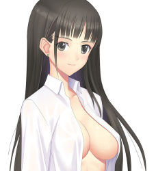 Rule 34 | 1girl, black eyes, black hair, blunt bangs, blush, breasts, closed mouth, collarbone, collared shirt, covered erect nipples, dress shirt, earrings, guang yiren, jewelry, large breasts, long hair, long sleeves, looking at viewer, open clothes, open shirt, original, see-through, shirt, simple background, solo, stud earrings, sweat, underboob, upper body, white background, white shirt