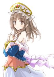 Rule 34 | 1girl, atelier (series), atelier totori, bare shoulders, brown hair, closed mouth, detached sleeves, dress, grey eyes, hat, highres, hisin, long hair, looking at viewer, simple background, smile, solo, totooria helmold, white background