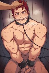 Rule 34 | 2boys, abbbby 28, abs, animal collar, bara, blue eyes, blush, boku no hero academia, bound, bound wrists, collar, completely nude, endeavor (boku no hero academia), gag, gagged, grabbing another&#039;s hair, highres, indoors, large pectorals, leash, male focus, mature male, multiple boys, muscular, muscular male, navel, nude, pectorals, red hair, restrained, short hair, solo focus, sweat, yaoi