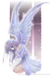 Rule 34 | angel, blue eyes, blue hair, hayase akira, kneeling, long hair, thighhighs, wings