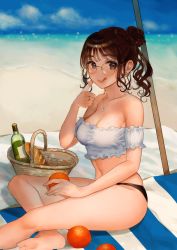 Rule 34 | 1girl, baguette, bare legs, bare shoulders, barefoot, basket, beach, beach towel, beach umbrella, bikini, bikini bottom only, black bikini, blue sky, blush, bottle, bread, breasts, brown eyes, brown hair, cleavage, closed mouth, cloud, cloudy sky, commentary, crop top, crossed legs, day, earrings, english commentary, eyelashes, food, fruit, full body, glasses, hair bun, highres, jewelry, licking lips, lips, looking at viewer, medium breasts, medium hair, midriff, miyako (xxxbibit), mole, mole under mouth, navel, necklace, ocean, off-shoulder shirt, off shoulder, orange (fruit), original, outdoors, pendant, picnic basket, ring, round eyewear, shirt, single hair bun, sitting, sky, smile, solo, strapless, swimsuit, thighs, tongue, tongue out, towel, tube top, umbrella, white shirt, wine bottle
