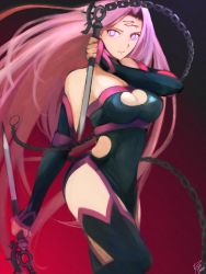 Rule 34 | 1girl, cleavage cutout, clothing cutout, facial mark, fate/grand order, fate (series), forehead, forehead mark, highres, long hair, medusa (fate), medusa (rider) (fate), medusa (rider) (third ascension) (fate), moedredd, nameless dagger (fate), pink hair, purple eyes, red background, solo, square pupils, very long hair