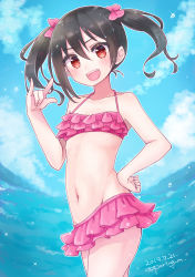 Rule 34 | 1girl, :d, \m/, \n/, bad id, bad pixiv id, bikini, bikini skirt, black hair, blue sky, bow, cloud, cloudy sky, commentary, dated, day, frilled bikini, frills, hair bow, hand on own hip, highres, looking at viewer, love live!, love live! school idol project, medium hair, miyamae porin, navel, ocean, open mouth, outdoors, pink bikini, pink bow, red eyes, sky, smile, solo, standing, swimsuit, twintails, twitter username, water drop, yazawa nico