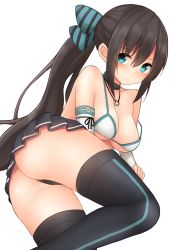 Rule 34 | 1girl, black hair, blush, bra, breasts, character request, copyright request, green eyes, long hair, mizushina minato, ponytail, skirt, solo, thighhighs, underwear
