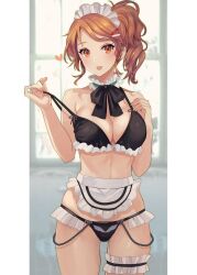Rule 34 | 1girl, :d, apron, aquila (kancolle), backlighting, bikini, black bikini, black ribbon, blurry, blurry background, border, breasts, bridal garter, brown eyes, brown hair, commentary request, detached collar, frilled apron, frills, high ponytail, highres, indoors, kantai collection, kasumi (skchkko), large breasts, looking at viewer, maid, maid apron, maid bikini, maid headdress, open mouth, pulling own clothes, ribbon, smile, solo, strap pull, swimsuit, unconventional maid, waist apron, white apron, white border, window