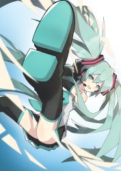 Rule 34 | 1girl, absurdres, aqua eyes, aqua hair, aqua necktie, bare shoulders, black skirt, black sleeves, black thighhighs, boots, commentary, detached sleeves, floating, floating hair, foreshortening, grey shirt, hair ornament, hatsune miku, headphones, headset, highres, kashisuover, long hair, looking at viewer, miniskirt, necktie, open mouth, outstretched legs, pleated skirt, shirt, shoulder tattoo, skirt, sleeveless, sleeveless shirt, smile, soles, solo, tattoo, thigh boots, thighhighs, twintails, v-shaped eyebrows, very long hair, vocaloid