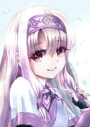 Rule 34 | 1girl, black gloves, closed mouth, fate/grand order, fate (series), fingerless gloves, gloves, hair between eyes, hair tubes, headband, highres, long hair, looking at viewer, numataromomon, pink headband, red eyes, silver hair, simple background, sitonai (fate), smile, solo, upper body, white background