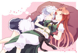 Rule 34 | 2girls, apron, blue dress, braid, chinese clothes, chitose (usacan), collared shirt, cushion, dress, closed eyes, frilled dress, frills, holding hands, hand on another&#039;s stomach, hong meiling, izayoi sakuya, long hair, maid, maid apron, maid headdress, multiple girls, pants, pants under skirt, puffy short sleeves, puffy sleeves, red hair, shirt, short dress, short hair, short sleeves, side slit, silver hair, skirt, sleeping, smile, tangzhuang, touhou, twin braids, yuri