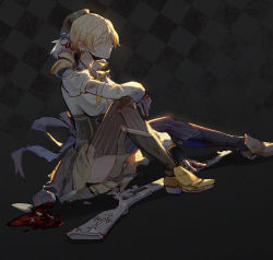 Rule 34 | 1girl, blonde hair, boots, breasts, broken cup, checkered background, corset, detached sleeves, die (die0118), drill hair, gun, hat, juliet sleeves, knee boots, long sleeves, magical musket, mahou shoujo madoka magica, mahou shoujo madoka magica (anime), medium breasts, puffy sleeves, saucer, solo, spill, striped clothes, striped thighhighs, tears, thighhighs, thighs, toe-point, tomoe mami, vertical-striped clothes, vertical-striped thighhighs, weapon, yellow eyes