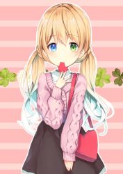 Rule 34 | 1girl, ameshizuku natsuki, bag, blonde hair, blue eyes, blue hair, blush, brown skirt, closed mouth, clover, collared shirt, commentary request, fingernails, four-leaf clover, gradient hair, green eyes, hair between eyes, heart, heart-shaped bag, heterochromia, jacket, long hair, long sleeves, low twintails, mouth hold, multicolored hair, nail polish, original, pink background, pink jacket, pink nails, pleated skirt, puffy long sleeves, puffy sleeves, shirt, shoulder bag, skirt, sleeves past wrists, solo, striped, striped background, twintails, very long hair, white shirt