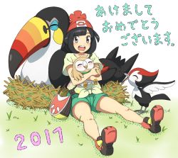 Rule 34 | 1girl, 2017, :d, ^ ^, akeome, bag, bare arms, bare legs, beak, beanie, belt, bird, bird wings, black hair, blush, bob cut, brown belt, carrying, closed eyes, collarbone, creatures (company), crossed arms, evolutionary line, feathered wings, feathers, floral print, full body, game freak, gen 7 pokemon, grass, green shorts, grey eyes, handbag, happy new year, hat, holding, looking at viewer, nest, new year, nintendo, open mouth, owl, parted bangs, pikipek, pokemon, pokemon (creature), pokemon sm, red hat, rowlet, selene (pokemon), shirt, shoes, short hair, short sleeves, shorts, simple background, sitting, smile, sneakers, strap, talons, teeth, text focus, tongue, toucan, toucannon, translation request, white background, wings, woodpecker, yellow shirt, you (maumauyo)